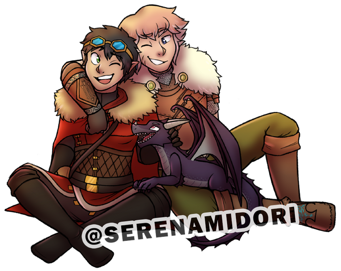 Group shot of adventurers and a baby dragon